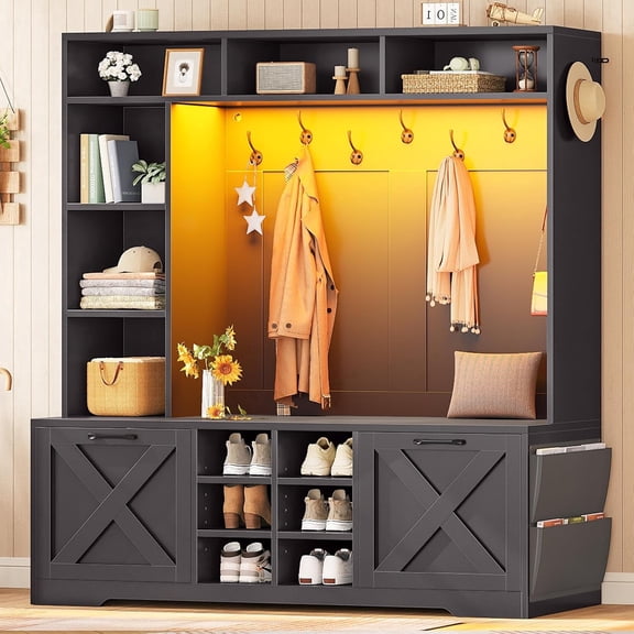 Hall Tree with Coat Rack, Bench and Shoe Storage, 59.1" Farmhouse Entryway Bench with Flip Drawers and Led Lights
