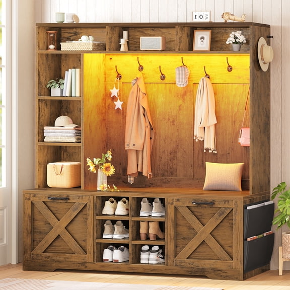 Hall Tree with Coat Rack, Bench and Shoe Storage, 59.1" Farmhouse Entryway Bench with Flip Drawers and Led Lights