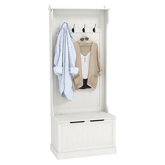 Hall Tree with Coat Rack & Shoe Storage Bench - Cream White Entryway Organizer