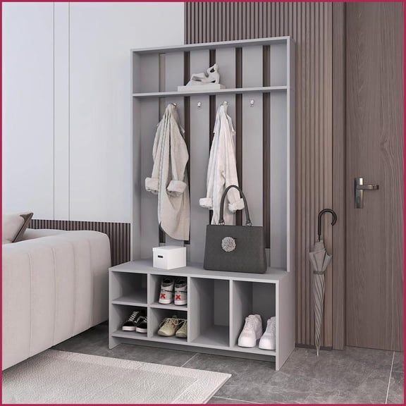 Hall Tree with Coat Rack, Shoe Storage & Bench | Smoke | Melamine