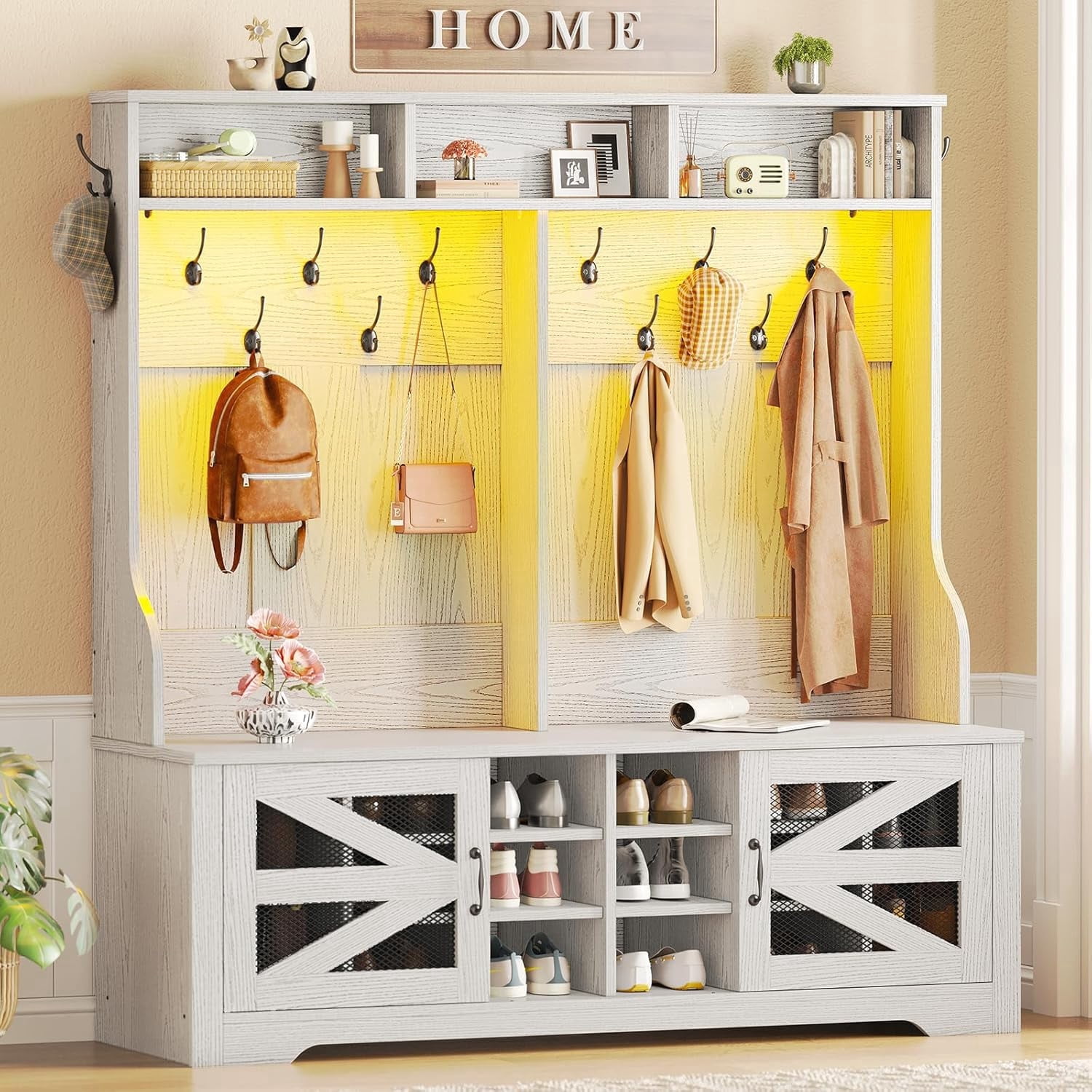 OTMCOOUCH Hall Tree with Coat Rack, 16 Cubbies, Entryway Bench, Barn