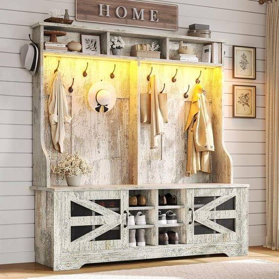 Hall Tree with Coat Rack and 16 Shoe Cubbies, 5-in-1 Entryway Bench with Bench and Shoe Storage, Barn Door & Adjustable Shelf, Vintage White