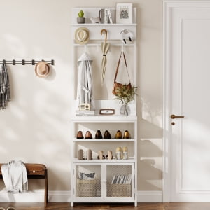 Hall Tree with Doors White 72.8in Coat Rack Shoe Storage Narrow Coat Tree Shoe Shelf Organizer with 7 Hooks for Entryway Bedroom and Mudroom