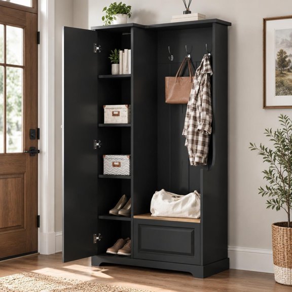 Hall Tree with Flip-Up Bench, Minimalist Hallway Shoe Cabinet, 4 Adjustable Shelves, 3 Hanging Hooks, Black, 35.55 in Wide