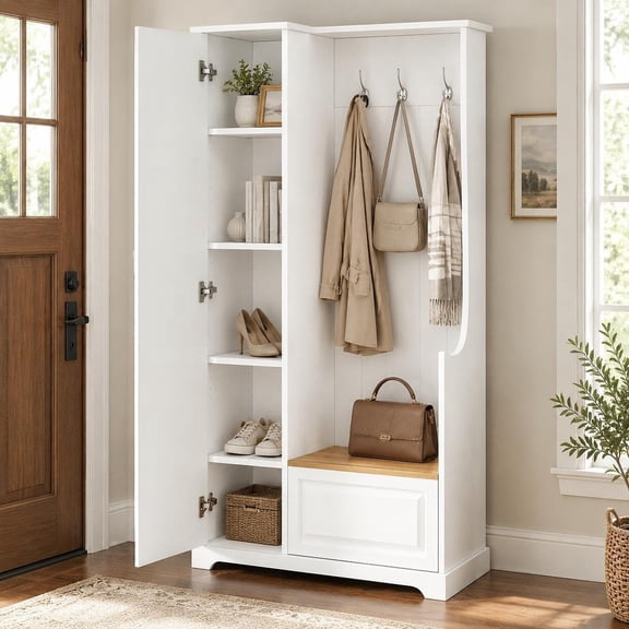 Hall Tree with Flip-Up Bench, Minimalist Hallway Shoe Cabinet, 4 Shelves, 3 Hooks, White, Wood Grain Finish, 70.35 in Tall