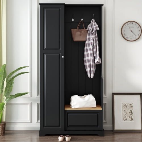Hall Tree with Flip-Up Bench and Shoe Cabinet, Adjustable Shelves, Hooks, Entryway Mudroom Furniture, Black