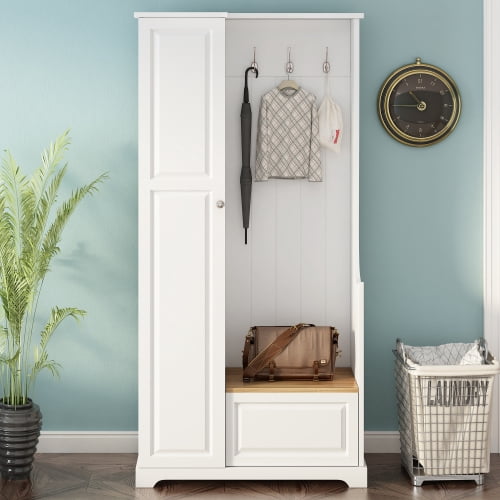 Hall Tree with Flip-Up Bench and Shoe Cabinet, Adjustable Shelves, Hooks, Entryway Mudroom Furniture, White