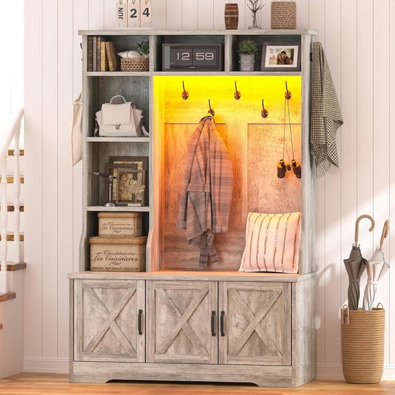 Hall Tree with LED Lights, Coat Racks, Shoe Storage & Adjustable Shelf, Gray