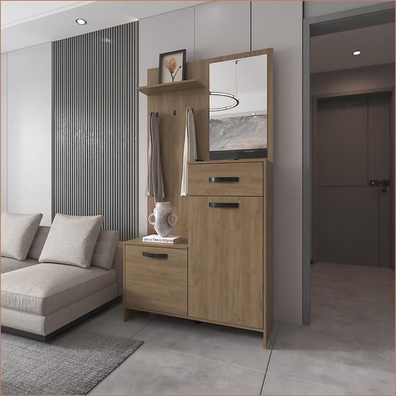 Hall Tree with Mirror, Hooks & Multistorage - Natural Oak | Particle Board | Coat Racks