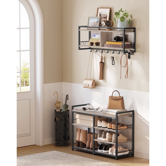 Hall Tree with Shoe Bench, Coat Rack Shoe Bench Set, Entryway Furniture, Multifunctional, 12 Metal Hooks, 4-Tier Shoe Rack, for Entryway, Bedroom