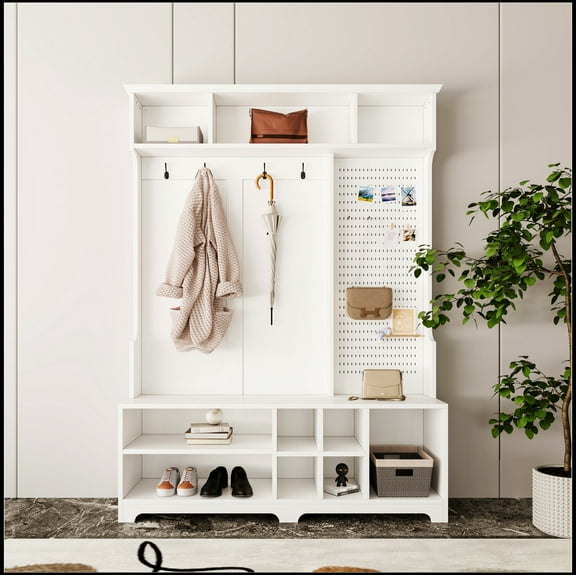 Hall Tree with Shoe Bench, Coat Rack ,Shoe Storage ,Storage Shelves and Pegboard, for Hallways, Halls and Bedrooms, White