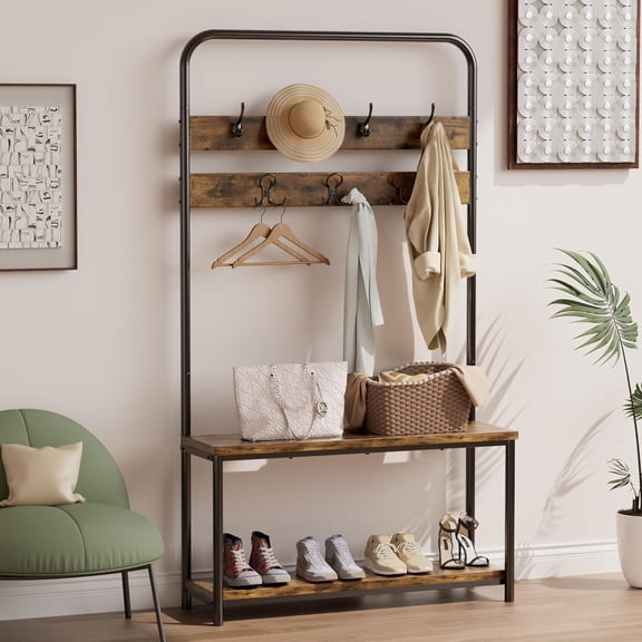 Hall Tree with Shoe Bench & Storage, Industrial Coat Rack Entryway Organizer, 7 Hooks with 10 Hanging Points, Rustic Brown, 39.9"x11.9"x72"