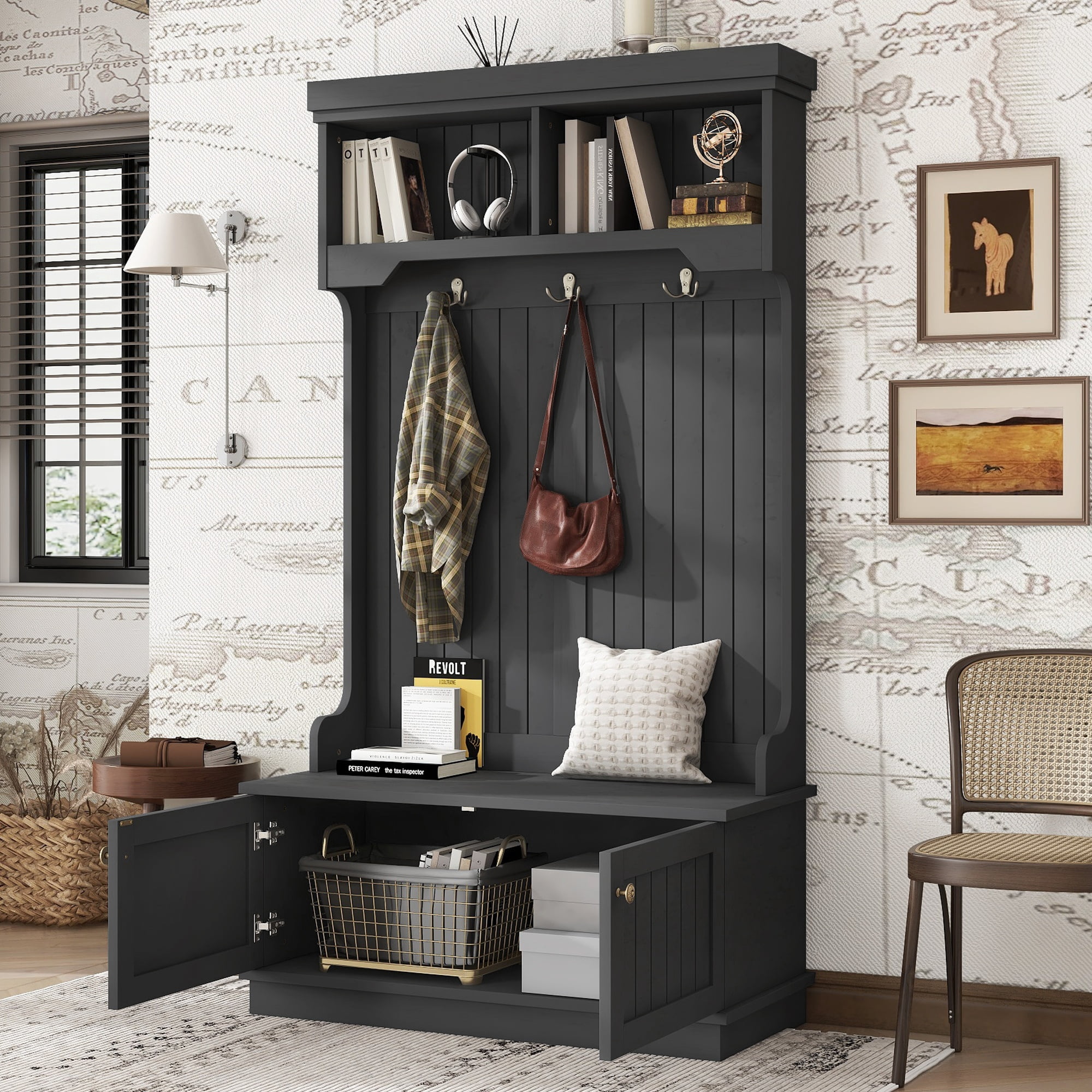 Hall Tree with Shoe Bench and Storage Cabinet, 4-in-1 Coat Rack with Hooks and Display Shelf for Entryway Living Room, Black