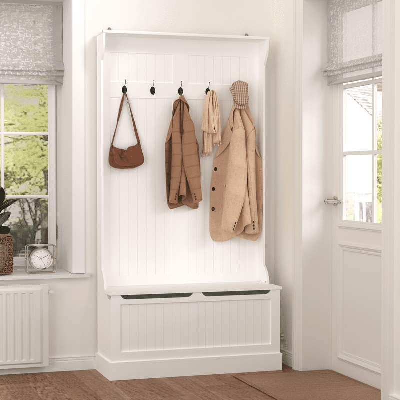 Hall Tree with Shoe Storage Bench & 5 Hooks,Coat Rack with Hidden Storage, Standing Entryway Organizer for Mudroom, Living Room,White