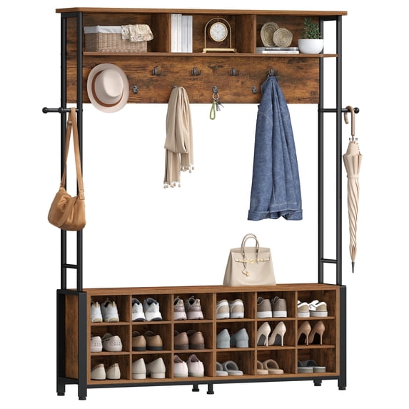 Hzuaneri Hall Tree with Shoe Storage Bench, 5-in-1 Entryway Furniture with Coat Rack, 13 Hooks, Retro Brown