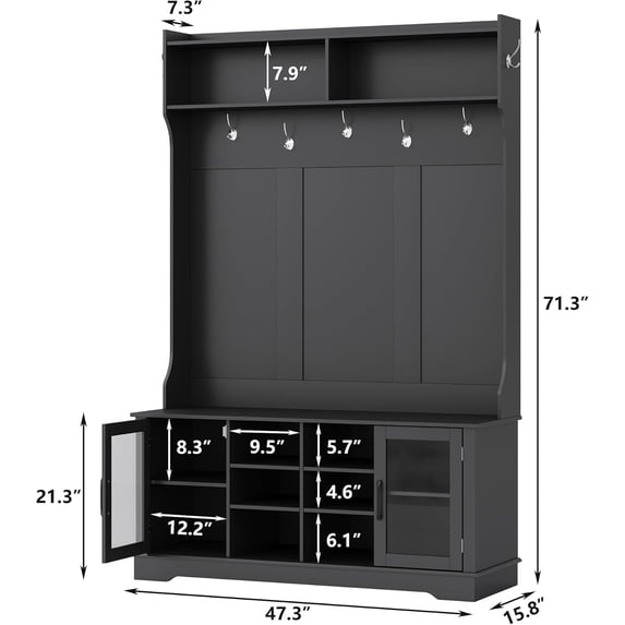 Hall Tree with Shoe Storage , Black Entryway Organizer with 7 Coat Hooks and Glass Door for Home