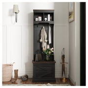 Hall Tree with Shoe Storage, Coat Rack Bench Entryway Organizer - 3-in-1 Farmhouse Style, 5 Hooks, Black Wood Grain