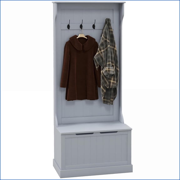 Hall Tree with Storage Bench, 28 3-In-1 Entryway Organizer with Coat Rack 4 Hooks & Shoe Storage | Gray | Coat Racks