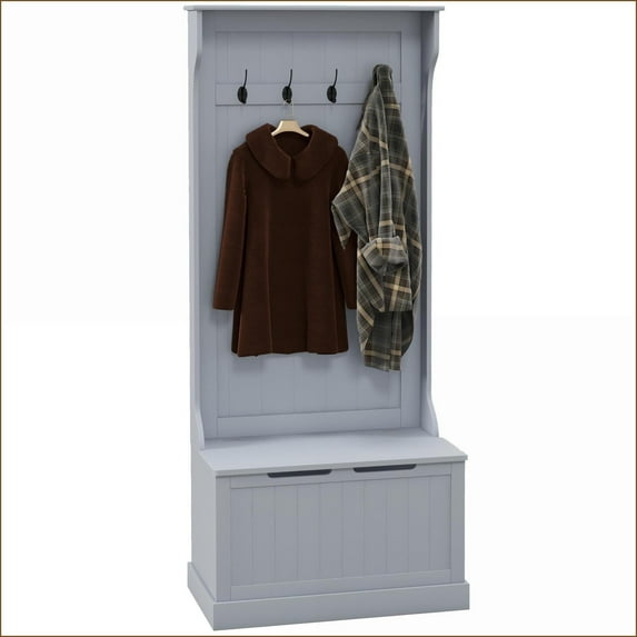 Hall Tree with Storage Bench, 3-In-1 28" Entryway Coat Rack & Shoe Storage, Gray | Gray | Coat Racks