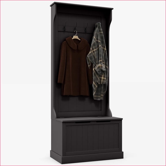 Hall Tree with Storage Bench, 3-In-1 28" Entryway Organizer with Coat Rack 4 Hooks & Shoe Storage, Black | Black | Coat Racks