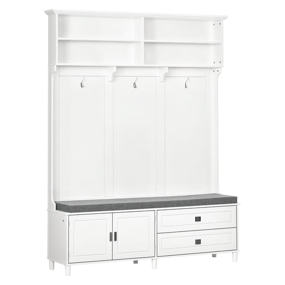 Hall Tree with Storage Bench, Entryway Coat Rack, White -