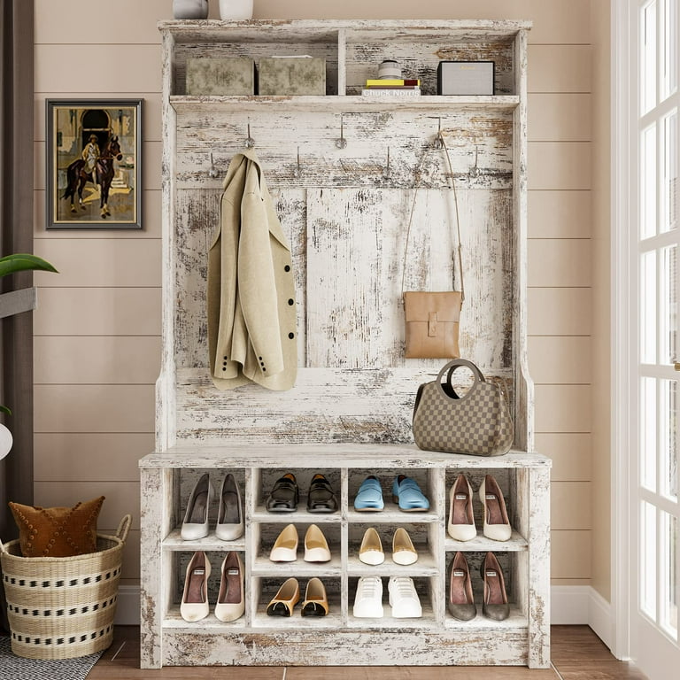 Hall Tree with Storage Bench Shoe Rack for Entryway Hall Tree with Bench and Adjustable Shoe Storage Vintage White