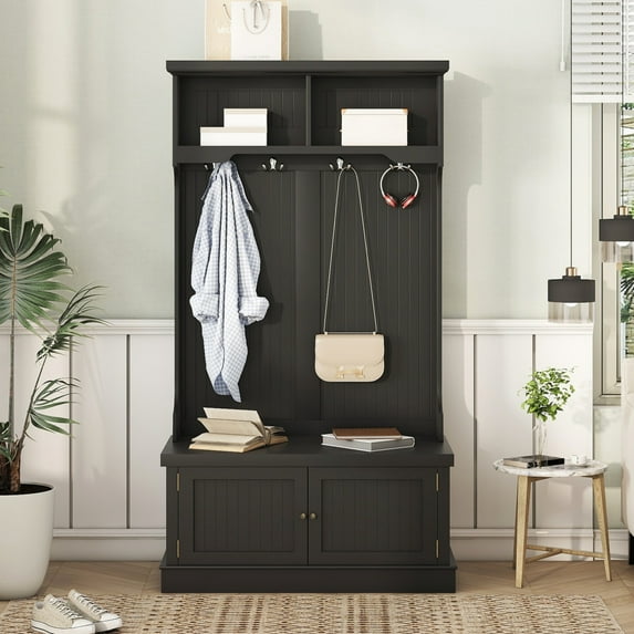 Hall Tree with Storage Shoe Bench for Entryway Organization, 4-in-1 Design Featuring Coat Racks and Hooks for Home Entryway, Black