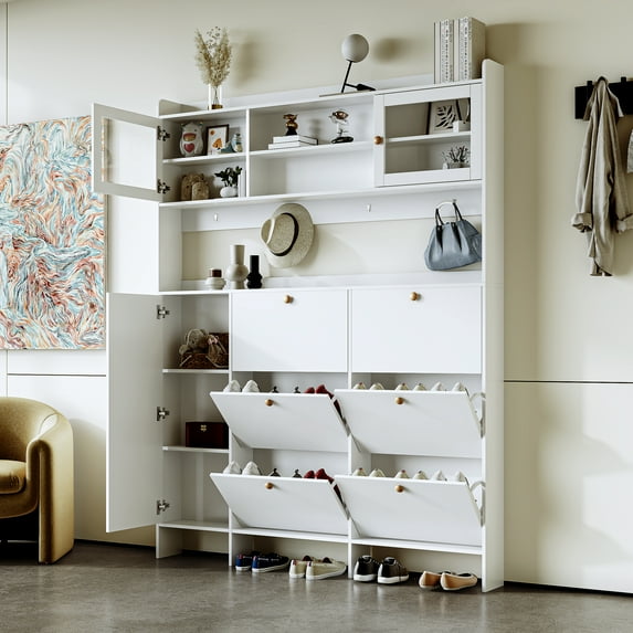 Hall Tree with Tempered Glass Doors, Entryway Shoe Storage Cabinet with Flip Drawers, Multi-Functional Tall Cabinet with Hanging Hooks for Hallway