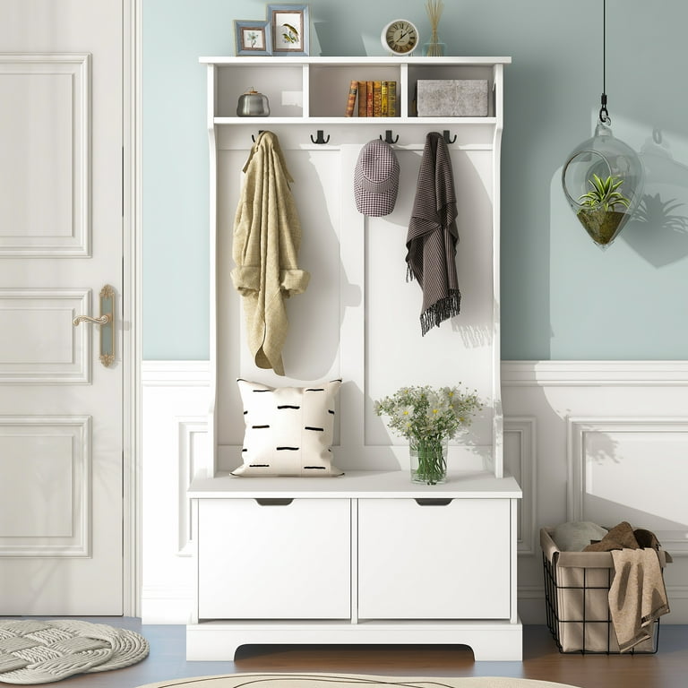 Hall Trees for Entryway iRerts Modern Hall Tree with Shoe Storage Bench Wood 3 in 1 Entryway Coat Rack with 4 Hooks and 2 Flip Shoe Drawers Wood Hall Tree for Entrance Entryway Hallway