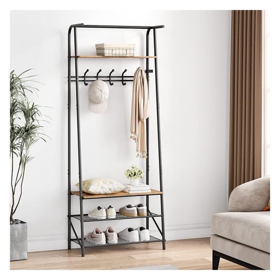 Hall Trees Entryway with Storage, Multifunctional Hallway Organizer, Wood Look Accent Furniture with Metal Frame (Black, 5 -25.2 in)