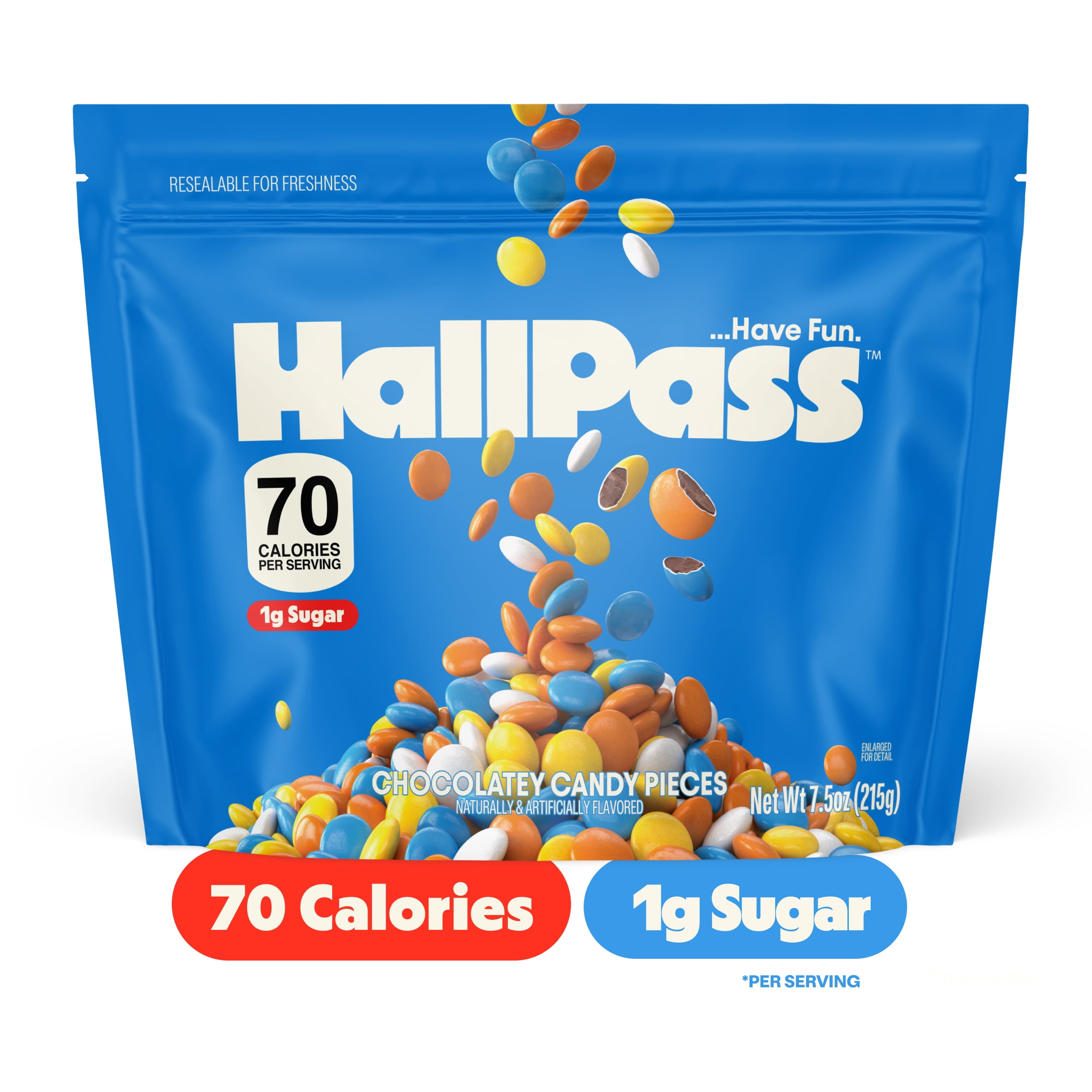 HallPass Chocolatey Candy Pieces Sharing Size, 7.5 oz – Bite-Sized Chocolatey Candy, 70 Calories and 1g Sugar per Serving