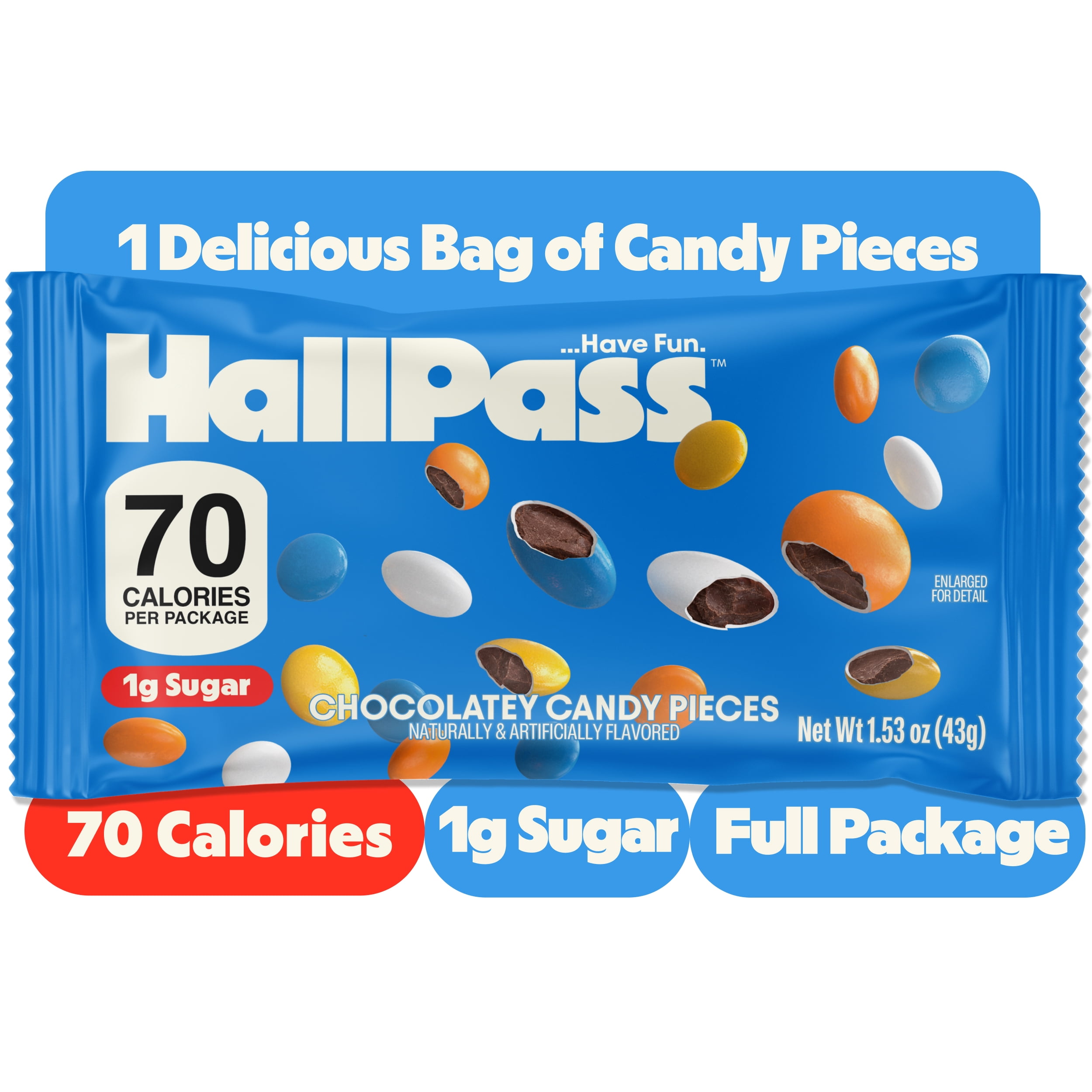 HallPass Chocolatey Candy Pieces Pack, 1.5 oz – Bite-Sized Chocolatey Candy, 70 Calories and 1g Sugar per Serving
