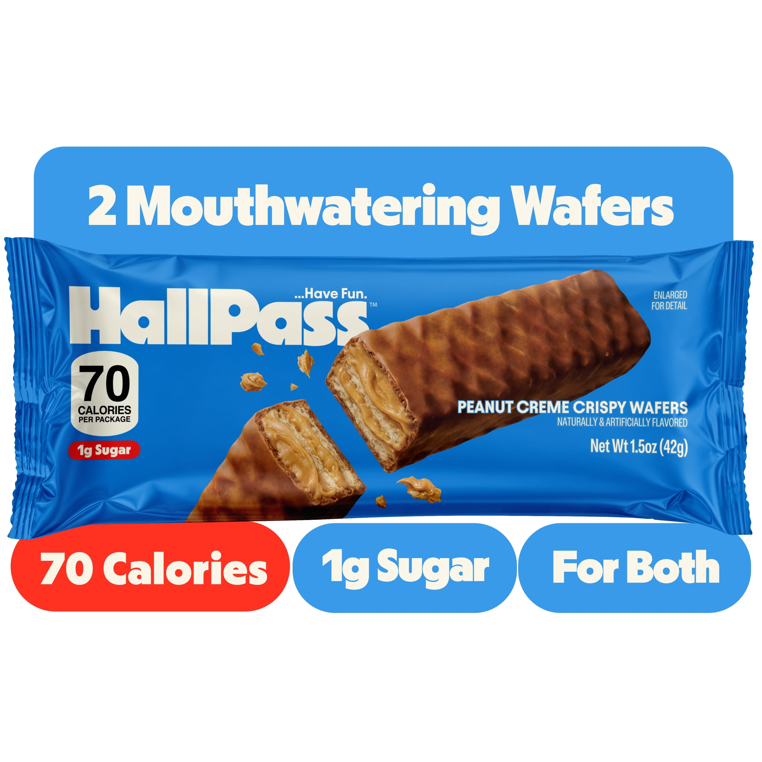 HallPass Peanut Crème Crispy Wafers Pack, 1.5 oz – Sweet and Salty Chocolatey Peanut Wafers, 70 Calories and 1g Sugar per Serving