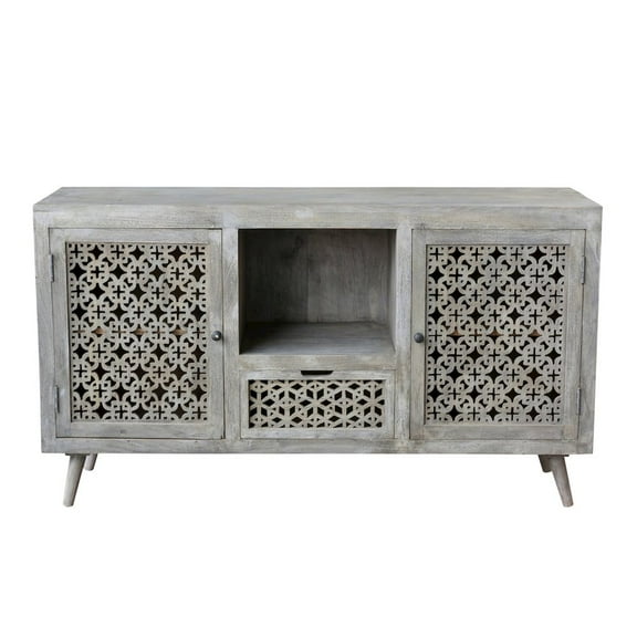 Halle Solid Wood 2 Door 1 Drawer Hand-Carved Media Console in Natural
