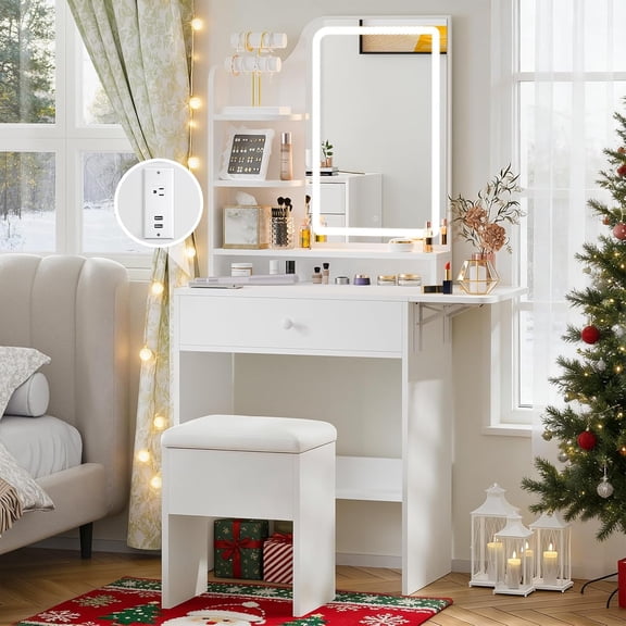 Hallie Small Vanity Desk with LED Mirror and Charging Station, Makeup Vanity Set with Storage Chair, White Compact Dressing Table with Fold-up Panel, Drawer and Shelves for Bedroom