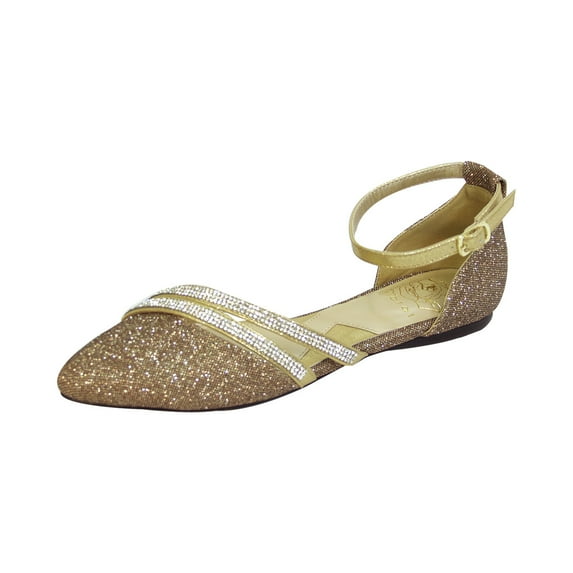 Hallie Women Wide Width Open Shank Pointed Toe Buckle Ankle Strap Flats BRONZE 5.5