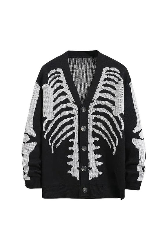 Hallloween Chunky Cardigan Sweaters for Women Skeleton Pattern Long Sleeve Unisex Outwear Knitted Coats #01 A Size M
