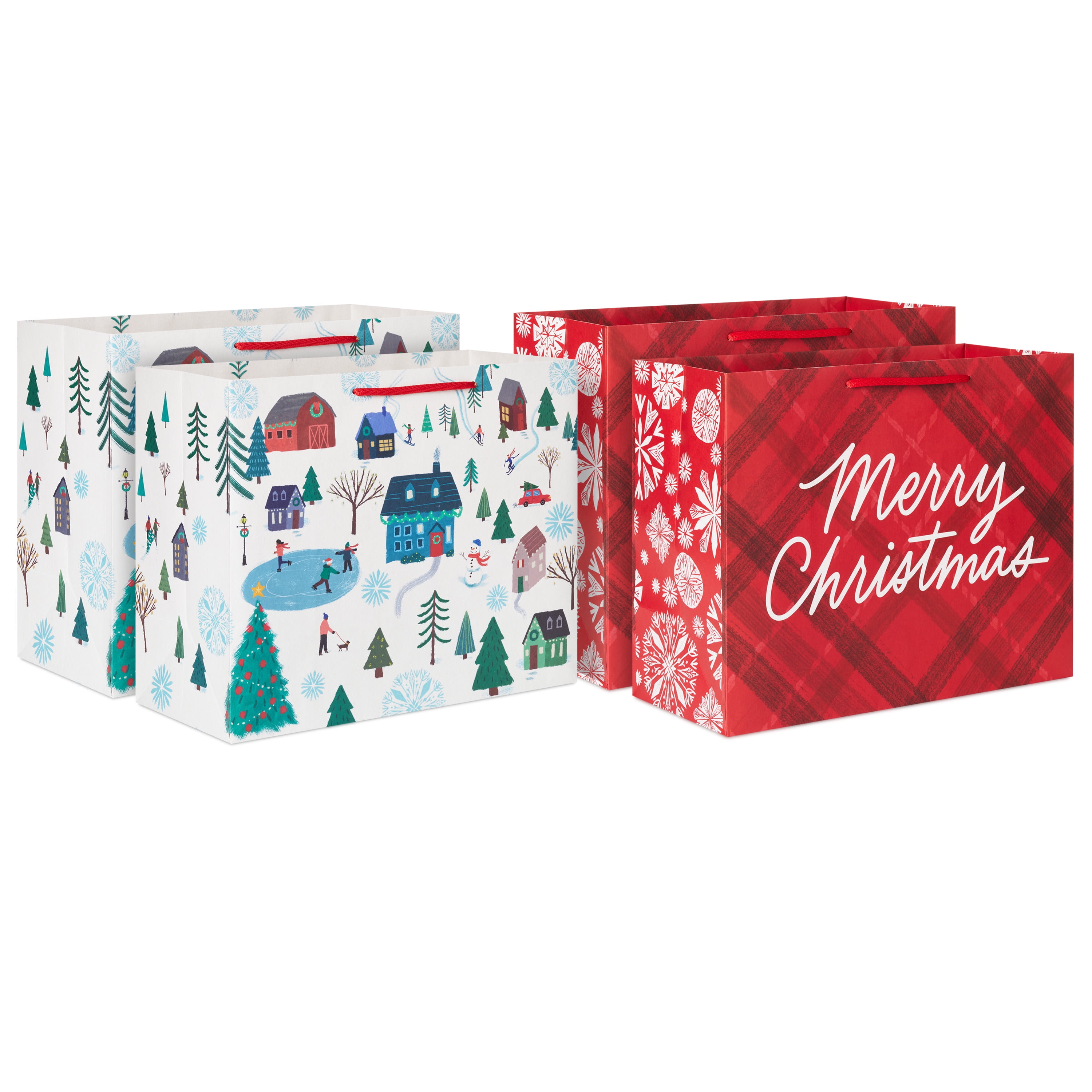 Hallmark 10" Large Horizontal Christmas Gift Bag Bundle (4 Bags: Merry Christmas Plaid, Winter Village)