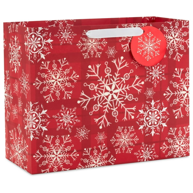 Hallmark 10" Large Horizontal Christmas Gift Bag with Handles (White Snowflakes on Red