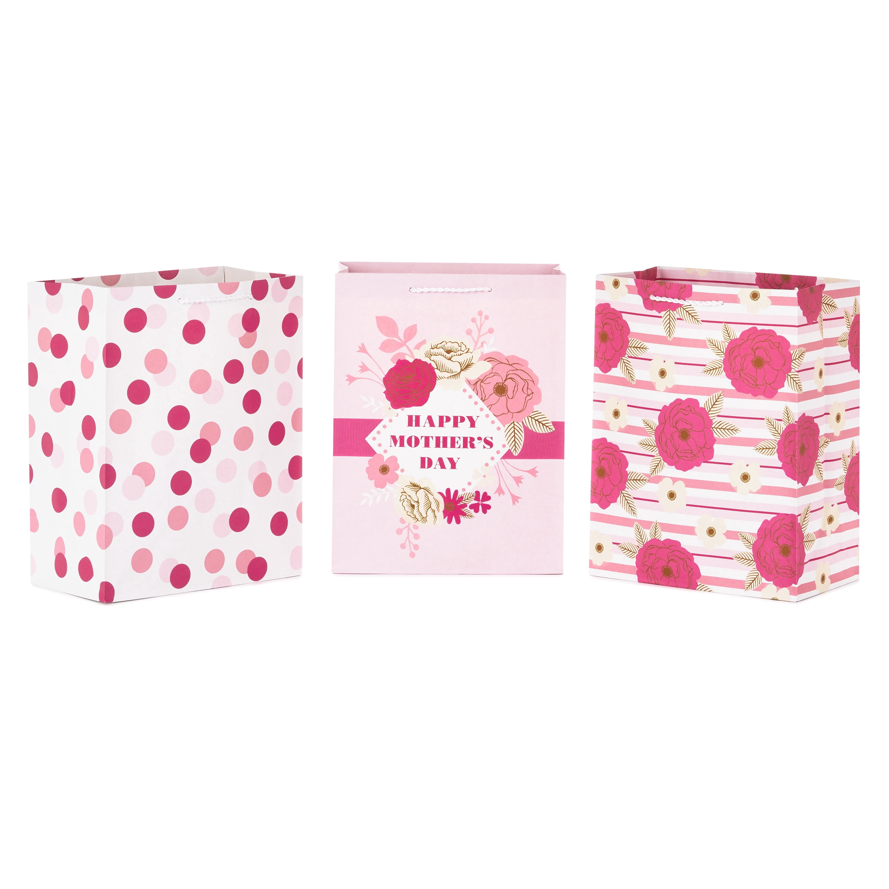 Hallmark 11" Large Gift Bag Bundle (3-Pack: "Happy Mother's Day," Pink Polka Dots, Pink Flowers) for Moms, Birthdays, Bridal Showers, Baby Showers