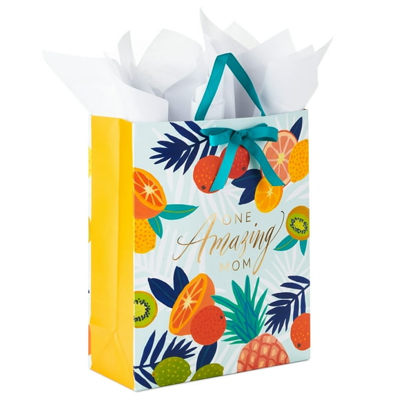 Hallmark 15" Extra Large Gift Bag for Moms with Tissue Paper (Tropical Fruit, Kiwi, Pineapple, Lemons, Oranges) for Mother's Day and Birthdays