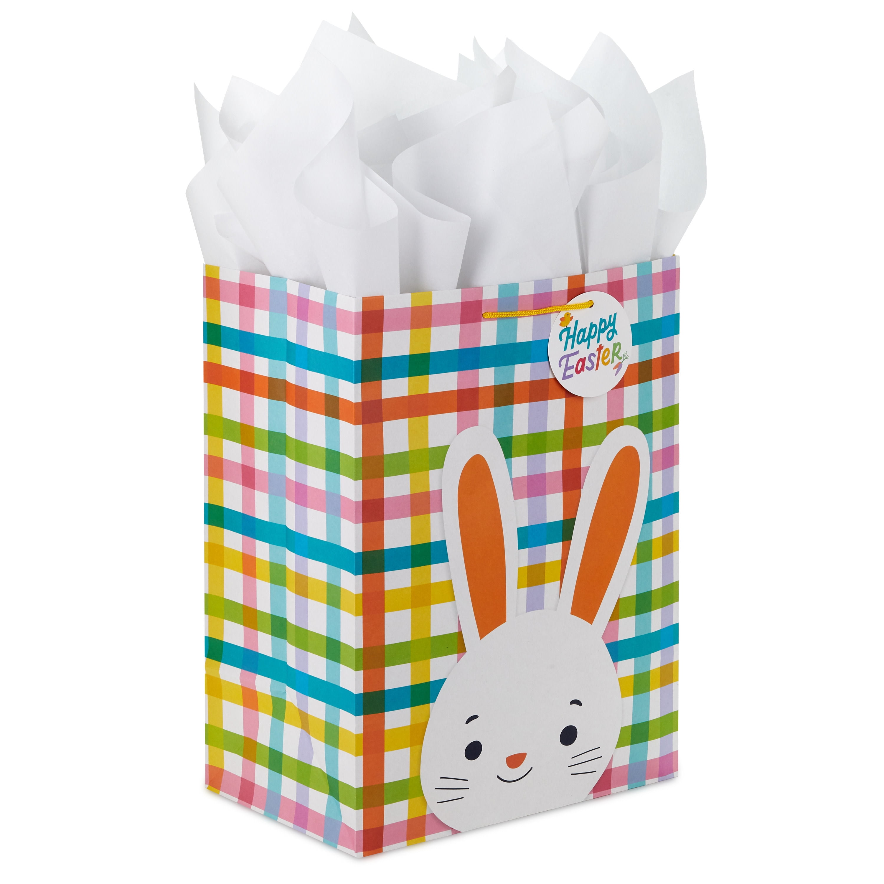 Hallmark 17" Extra Large Easter Gift Bag with Tissue Paper (Bunny Face, Rainbow Plaid) for Kids Presents, Easter Baskets
