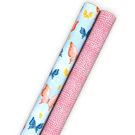 Hallmark 2-Pack Wrapping Paper Roll Bundle (Butterflies and Painted Pink Dots) 45 sq. ft. total