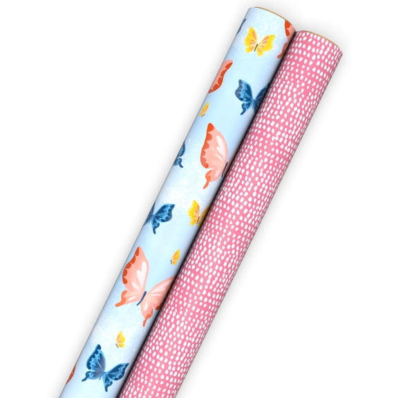 Hallmark 2-Pack Wrapping Paper Roll Bundle (Butterflies and Painted Pink Dots) 45 sq. ft. total