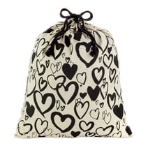 Hallmark 20" Extra Large Canvas Bag with Drawstring (Ivory with Black Hearts) for Valentines Day, Weddings, Bridal Showers, Anniversary and More