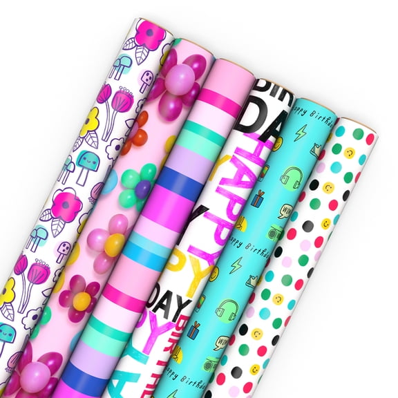Hallmark 6-Pack Assorted Wrapping Paper Roll Bundle (Birthday Whimsy) 180 sq. ft. total