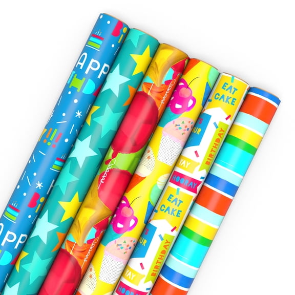 Hallmark 6-Pack Assorted Wrapping Paper Roll Bundle (Bright Birthday Fun) 180 sq. ft. total