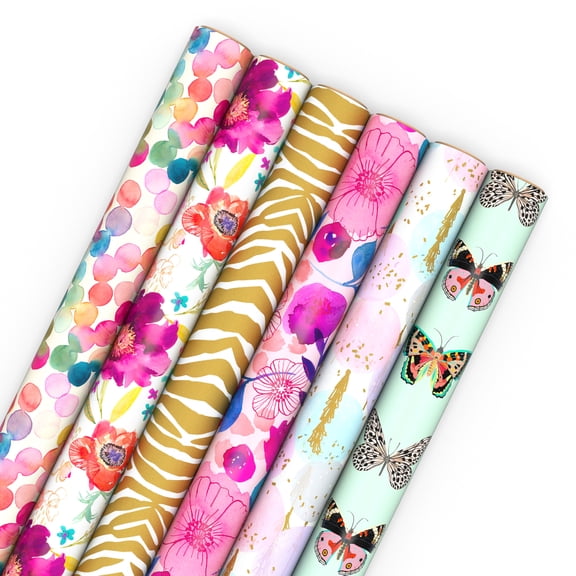 Hallmark 6-Pack Assorted Wrapping Paper Roll Bundle (Butterflies, Gold Animal Print, Pink Flowers)Birthday, Bridal Shower, Baby Shower, All Occasions 180 sq. ft. total