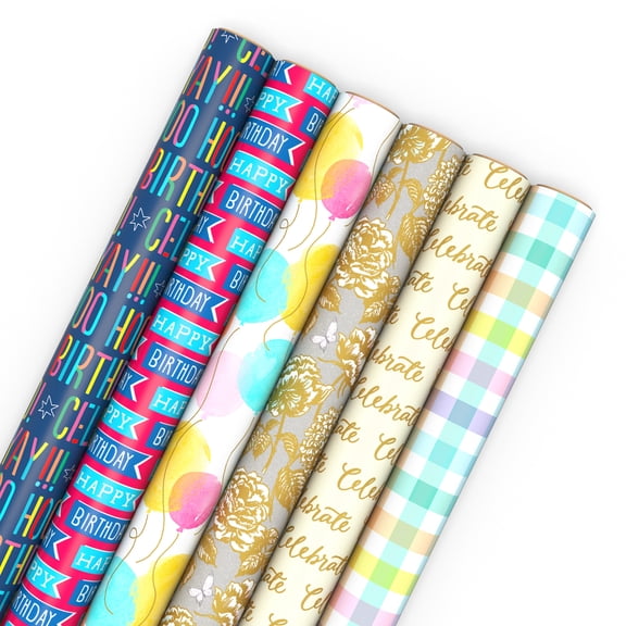 Hallmark 6-Pack Assorted Wrapping Paper Roll Bundle (Flowers, Balloons, Pastel Plaid Gift Wrap Paper) for Wedding, Baby Shower, Easter, Birthday, All Occasion, 180 sq. ft. total