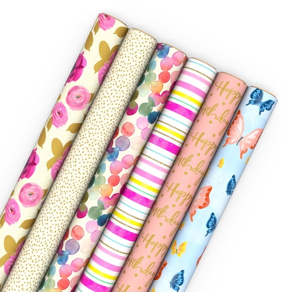 Hallmark 6-Pack Assorted Wrapping Paper Roll Bundle (Pastel and Gold Floral) 180 sq. ft. total
